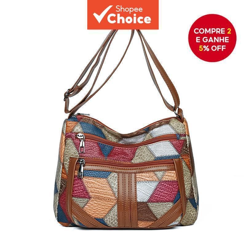 L2026 Bolsa Tote de Couro Retrô em Patchwork – Grande capacidade feminina, bolsa tiracolo com múltiplos bolsos e fecho