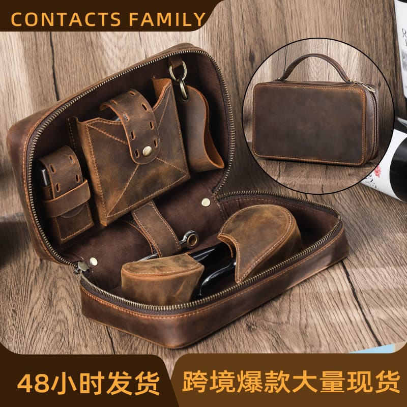 Retro Crazy Horse couro fumar conjunto caixa de armazenamento multifuncional viagem portátil criativo dois pacotes saco