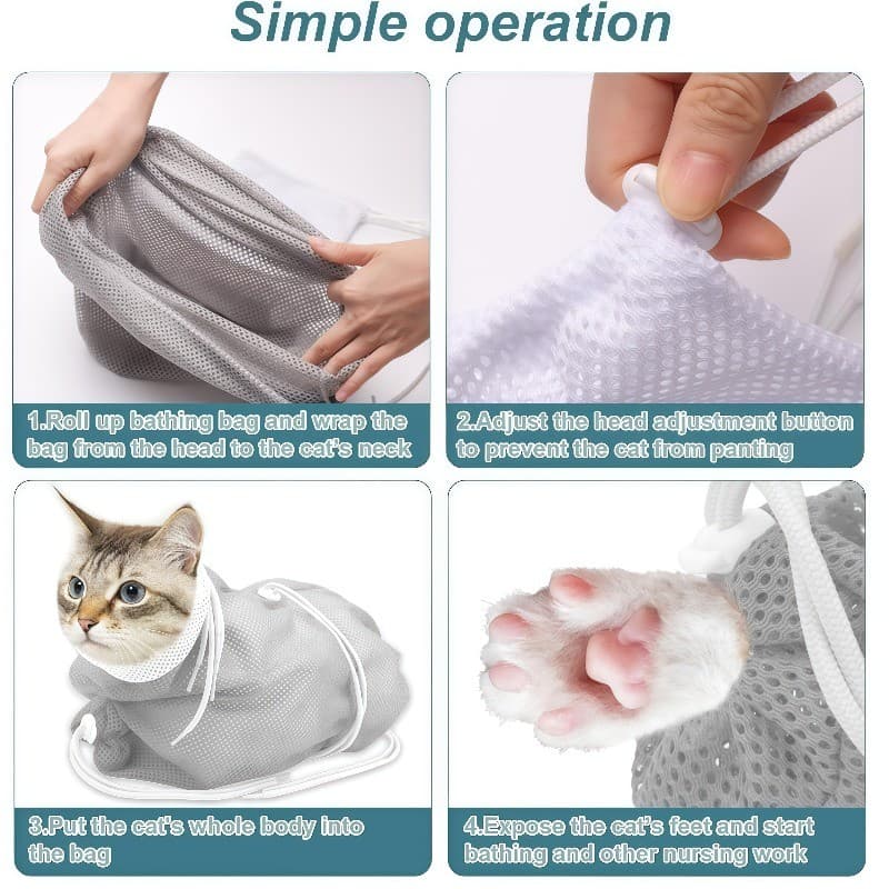 Bolsa de Banho Ajustável e Multifuncional para Gatos com Malha Respirável - Adequada para Filhotes e Gatos, Corte de Unh