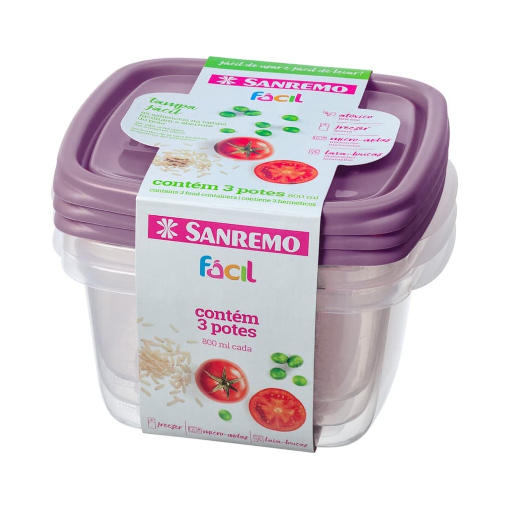 Conjunto 3 Potes Plastico Sanremo 800ML - Cores Aleatórias