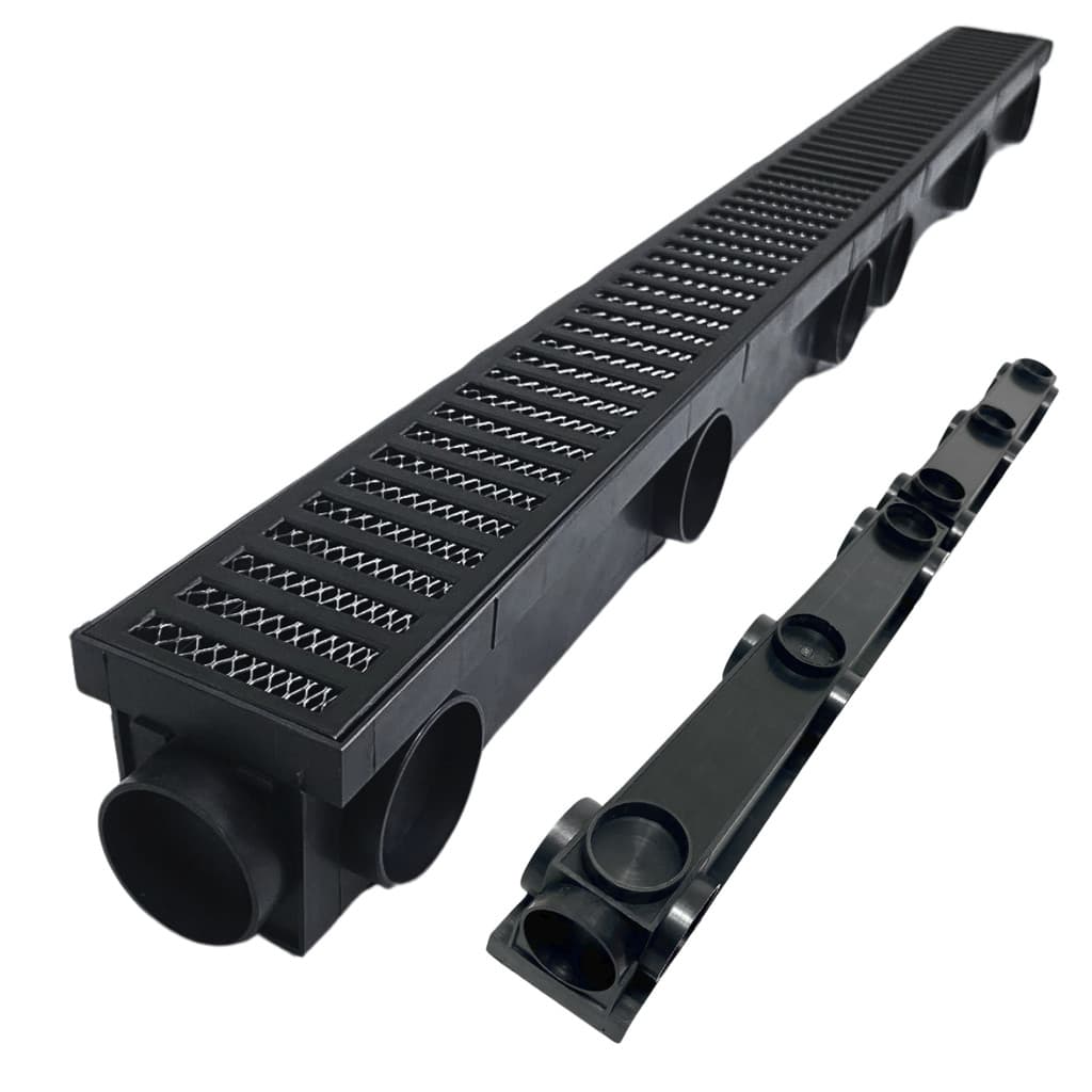 Ralo Linear Completo 8x100 Alumínio Preto Quintal Externo com Tela e Cocho de Escoamento Multi Saídas ( 8cm x 98cm)
