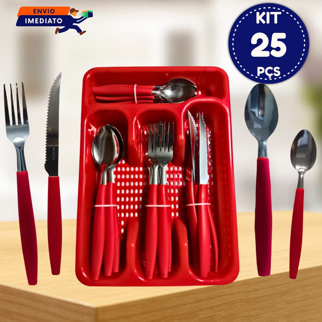 Talheres Inox Com 24 Peças com cabo Plástico Vermelho ou Preto + Suporte Gaveteiro para Cozinha Bar e Restaurantes