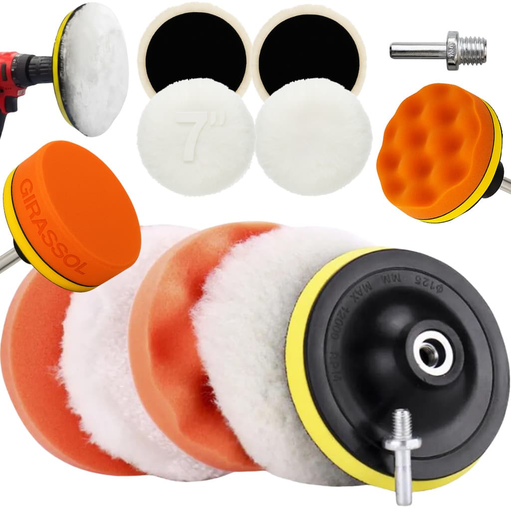 Kit 6 Peças 7 Pol. 180mm Disco Espuma Boina Lã Prato Pino M14 Polimento Automotivo KP22