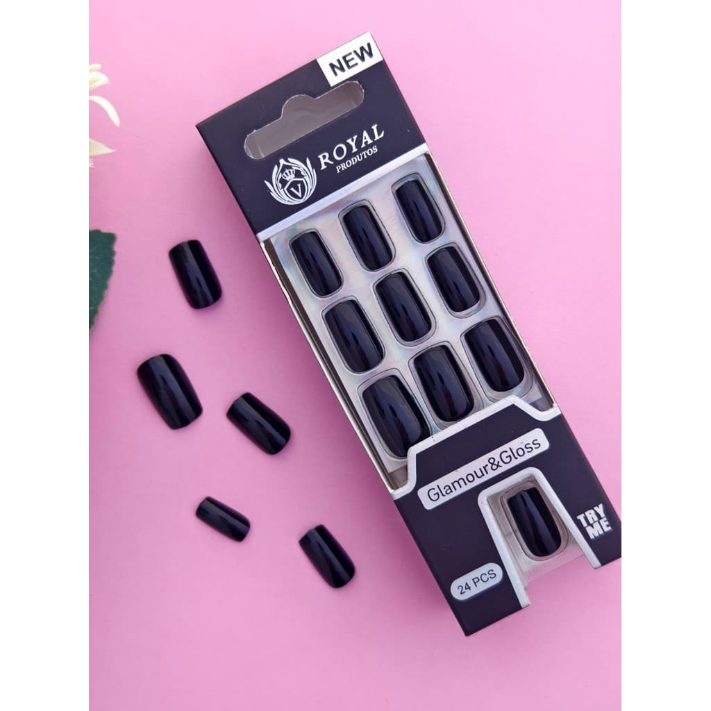 UNHAS POSTIÇAS QUADRADA MÉDIA AUTOCOLANTE - KIT COM 24 PEÇAS COR PRETA  T-579-2