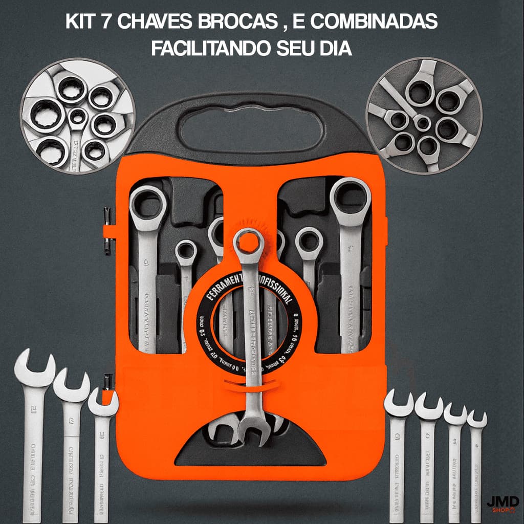 Kit 7 Peças Jogo Chave Ferramenta Combinada Catraca Boca Profissional Manutenção
