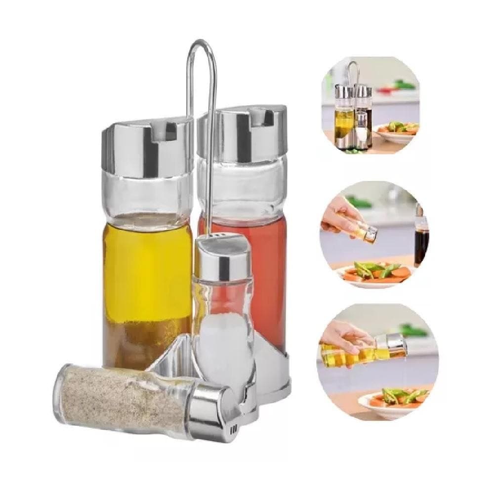 Galheteiro 5 Peças de Vidro com Suporte Cromado – Azeite, Vinagre, Sal, Tempero, Cozinha