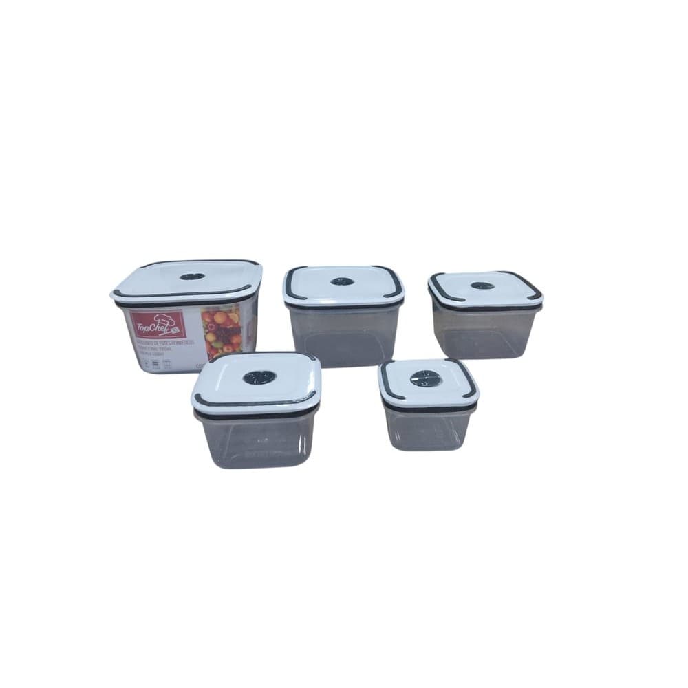 Conjunto 5 Potes Herméticos Quadrado de Plástico Com Tampa