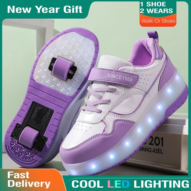 USB Recarregável Sapatos De Rolo Tênis Para Meninas Meninos Crianças Presente LED Light Up Rodas Patins Roxo Rosa Branco