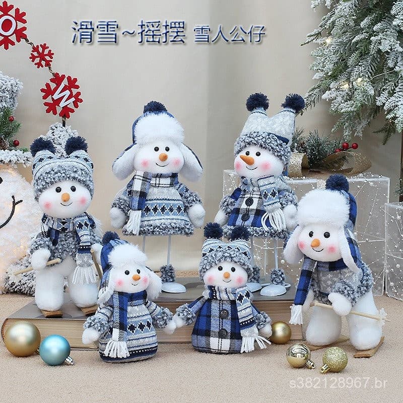 Decoração de Natal boneca azul de tecido adorável de esquiar boneca de neve adorável de escritório