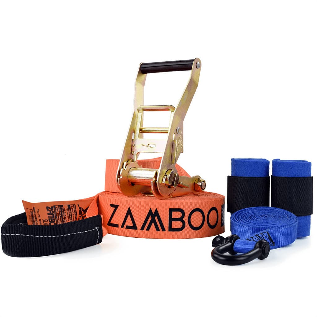 Slackline Zamboo ExtremeLine 30m Laranja Com Catraca Reforçada BackUp Protetores Desenvolve Coordenação Equilíbrio
