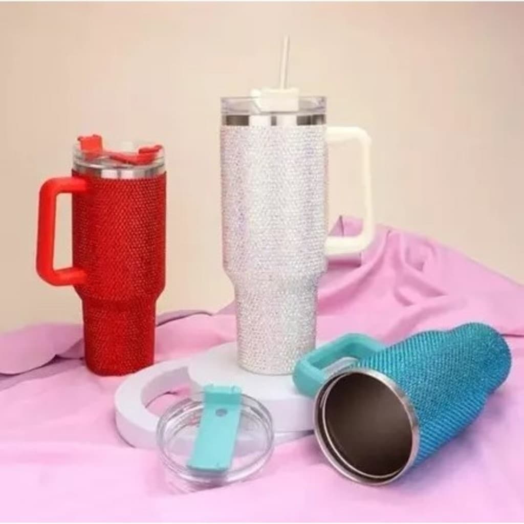 Copo Térmico 1200ml Com Strass Brilhante Com Alça Tampa E Canudo