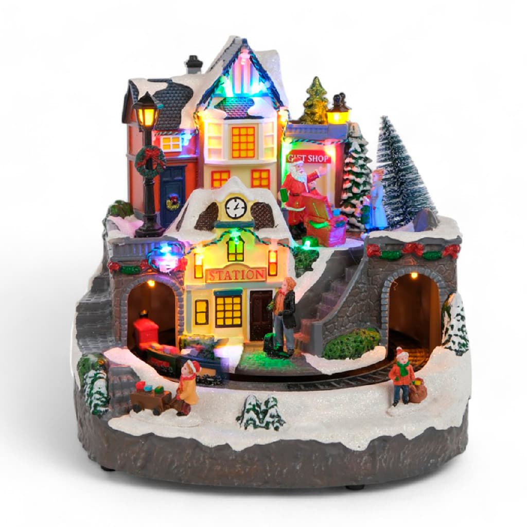 Cenário vila natalina com trem led som e movimento 24cm enfeite decorativo