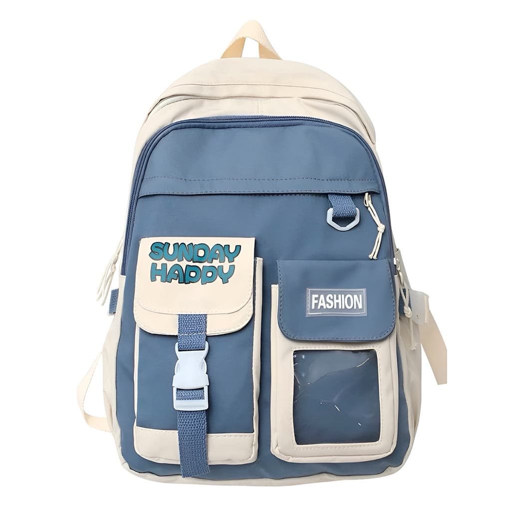 Mochila Juvenil Feminina Casual Cute Duo Azul e Branco