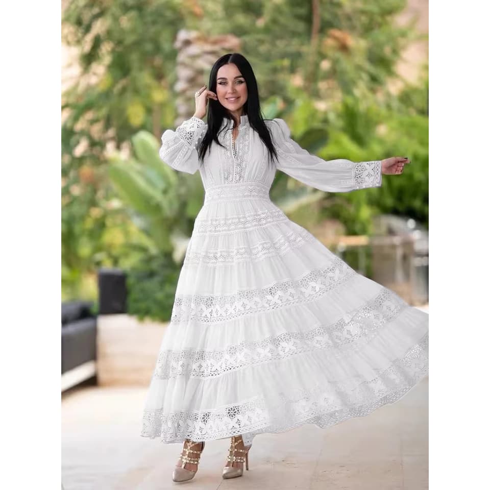 Vestido Midi de Festa Branco Bordado de Manga Longa para Mulheres, Renda Patchwork, A-Line, com Recortes CVVD