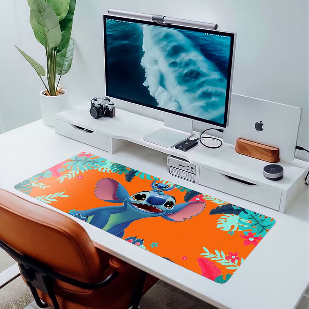 MousePad Grande Stitch Fundo Laranja 80x30 Deskpad Gamer Grande Premium