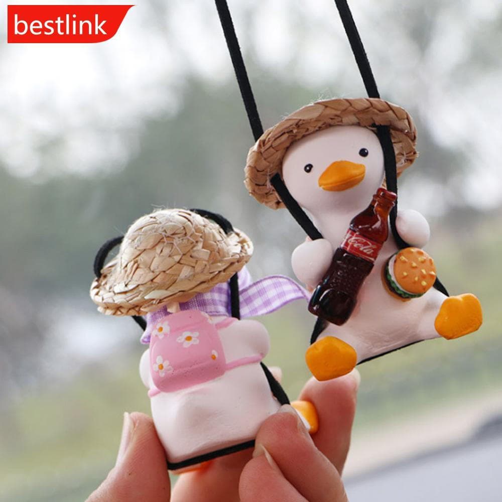 BESTLINK Acessórios Do Carro Chapéu De Palha Pato Pingente Auto Espelho Retrovisor Ornamentos Aniversário Decoração Auto