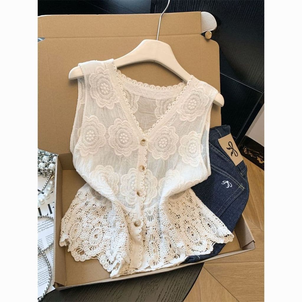Novo estilo novo estilo de crochê oco com decote em v colete para mulheres 20 novo estilo estilo francês crochê oco com