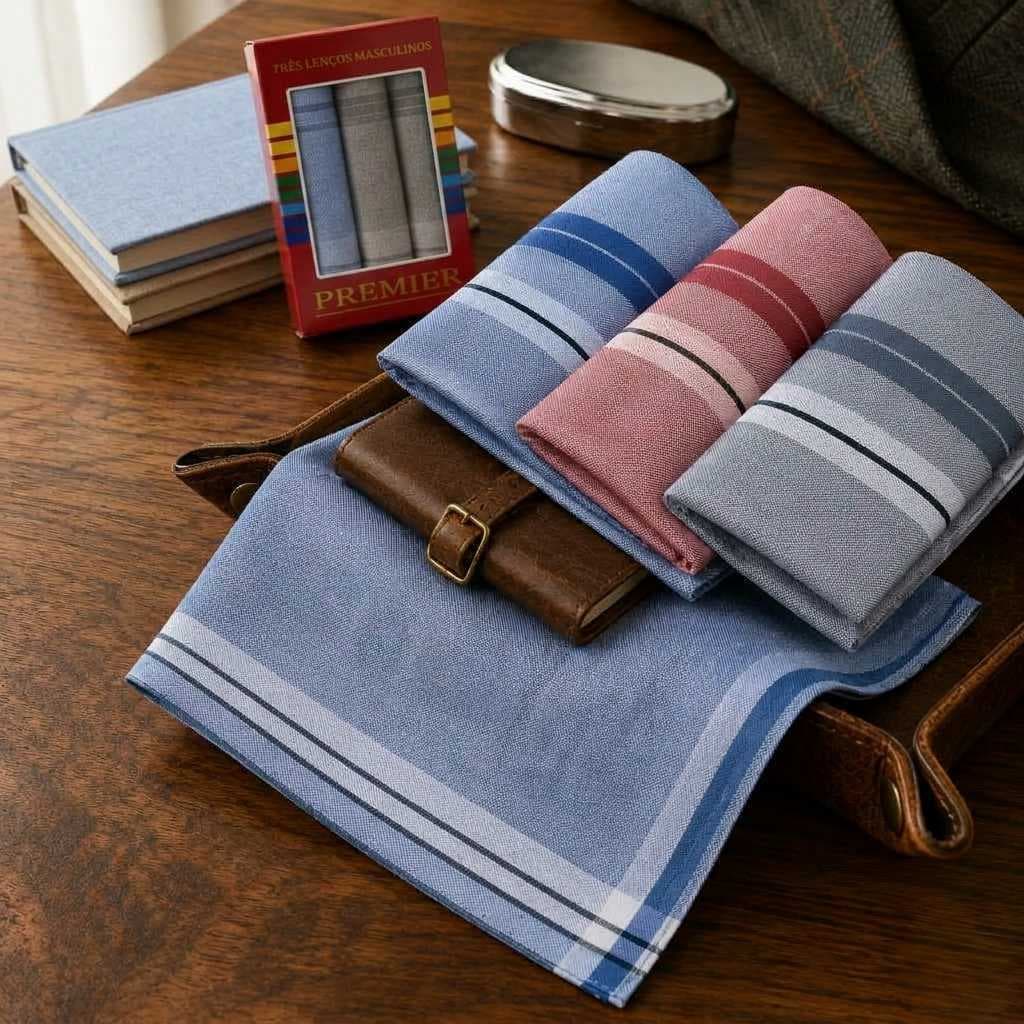 3 Lenços de Bolso Masculino 32cm x32cm Liso Listrado Xadez 100% Algodão Seca Suor Limpa Óculos