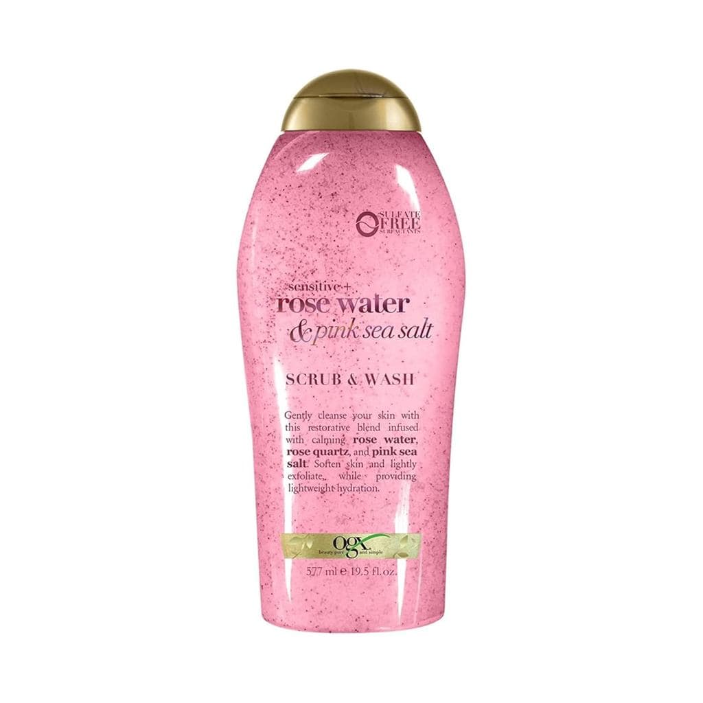 OGX Sensitive + Esfoliante Corporal com Água de Rosas e Sal Marinho Rosa + Quartzo Rosa, Sabonete Corporal Diário Esfoli