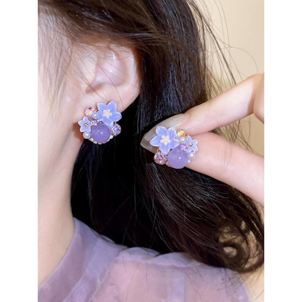 Brincos de flor roxa Micro-incrustados femininos Super lindos brincos bonitos exclusivos 2026 novo estilo brincos de est