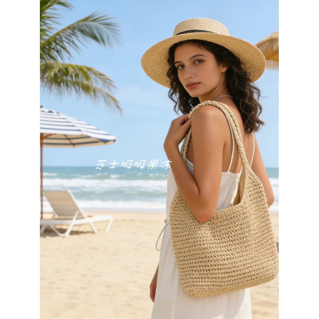 Bolsa de palha estilo férias feminina sacola oca de grande capacidade bolsa de praia tecida de ombro