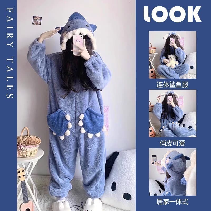 Novo Estilo Velo Kigurumi Macacão Pijamas Bonito Dos Desenhos Animados Tubarão Urso Coelho Com Capuz Halloween Cosplay T
