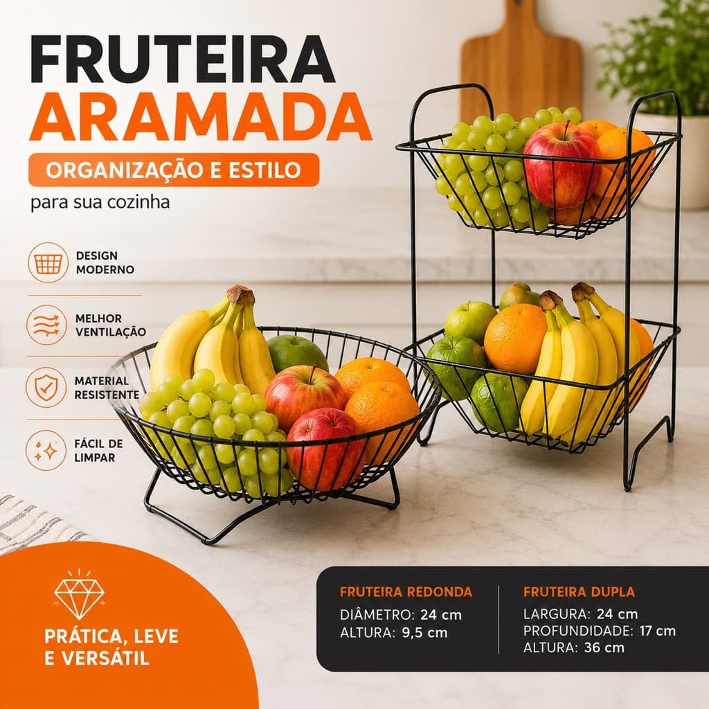 Fruteira Aramada de Mesa Moderna Cesto Organizador para Frutas Cozinha e Bancada