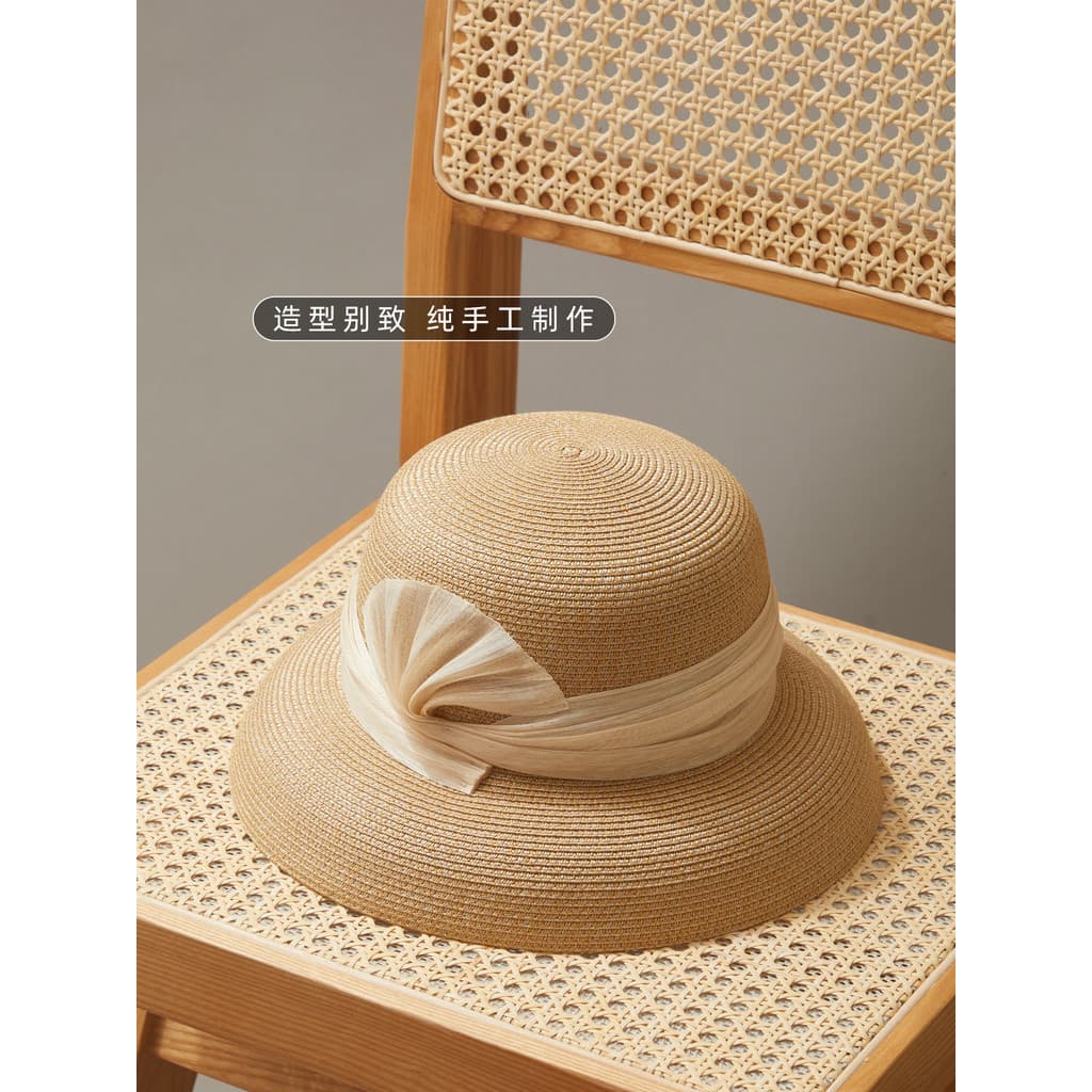Chapéu de palha de verão feminino balde chapéu bacia chapéu de aba larga guarda-sol pequeno Retro High-End artesanal fio