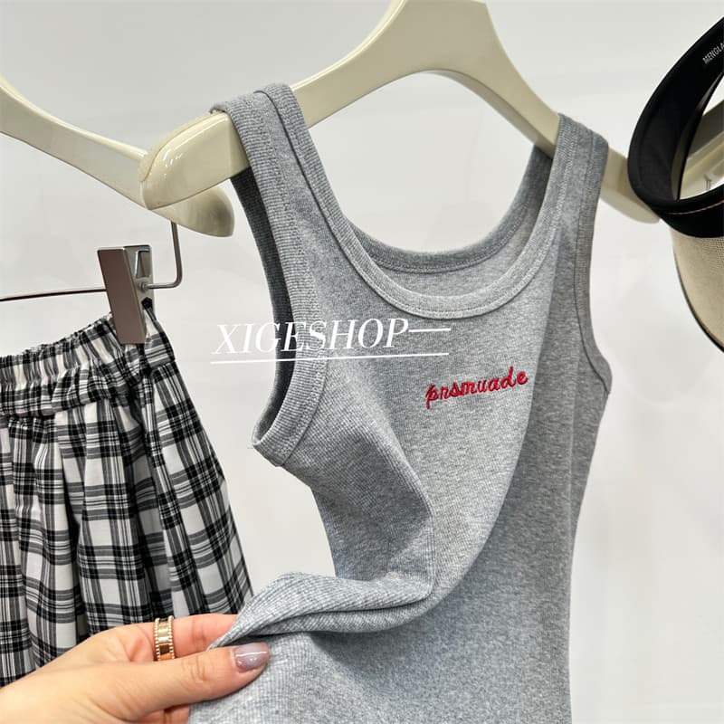 Camiseta sem mangas com decote em U Slimmer Look All-Match Rosca Stretch Slim-fit Curto Carta Bordado W
