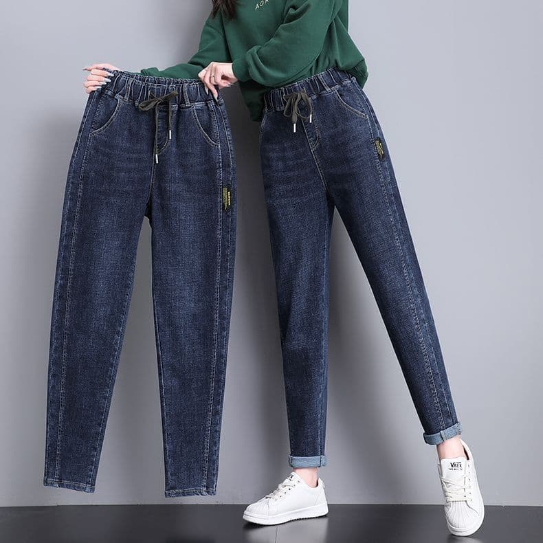 Cintura elástica estiramento Jeans feminino em linha reta solta cintura alta mais magro olhar tamanho grande Drape magro