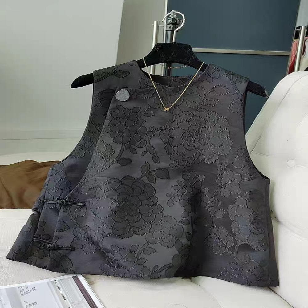 Preto novo estilo chinês colete feminino 2026 primavera novo estilo Retro Jacquard placa média fivela Casual All-Match c