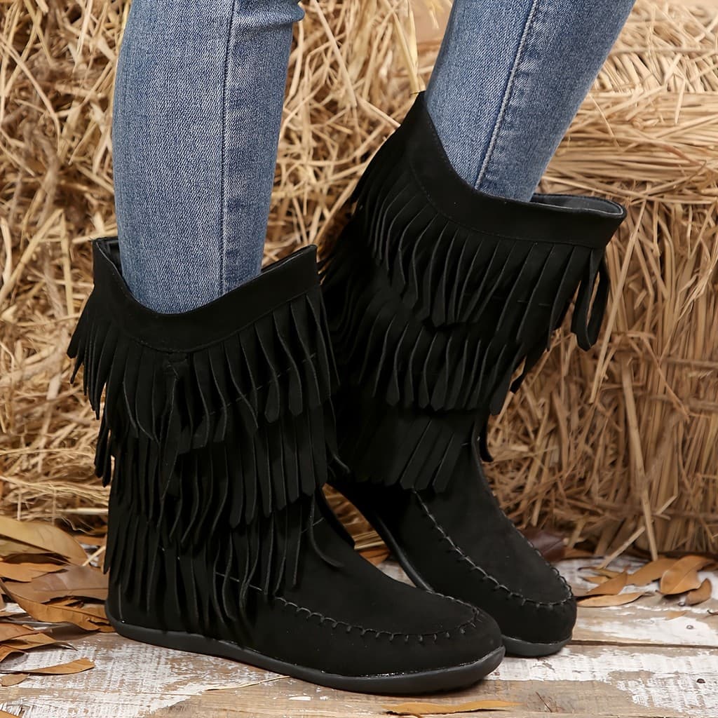 Botas Femininas de Outono e Inverno, Estilo Ocidental, Cano Médio com Franjas, Bico Redondo, Botas Casuais Planas com Co