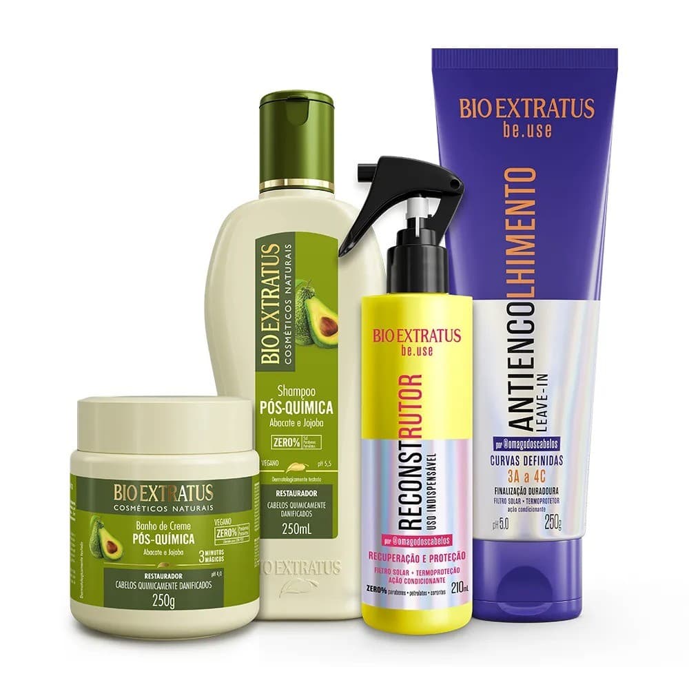 Kit Pós-Química Shampoo, Máscara, Antiencolhimento 250g Uso Indispensável be.use 210mL Bio Extratus