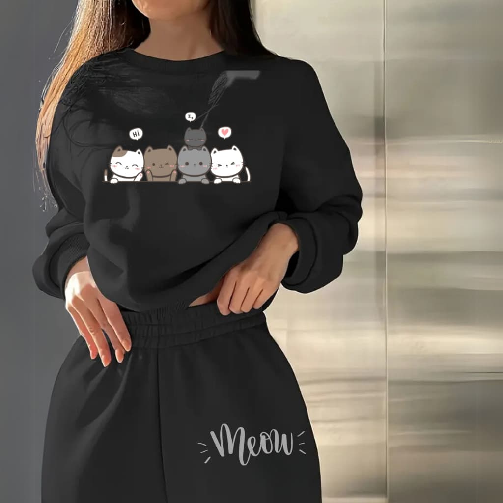 Conjunto Moletom Feminino Gola Careca Estampa Gatinhos Fofos Meow