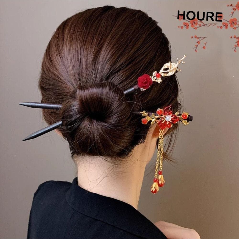 Bastão De Cabelo HOURE , Grampo Hanfu Com Borla De Flor , Pauzinho Vermelho Antigo De Ano Novo , Acessórios