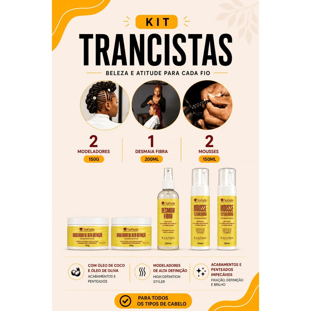 Kit Trancista Fio de Fada 2 Modeladores 150 Gr + 2 Mousses + 1 Desmaia Fibra Tranças Anti Frizz