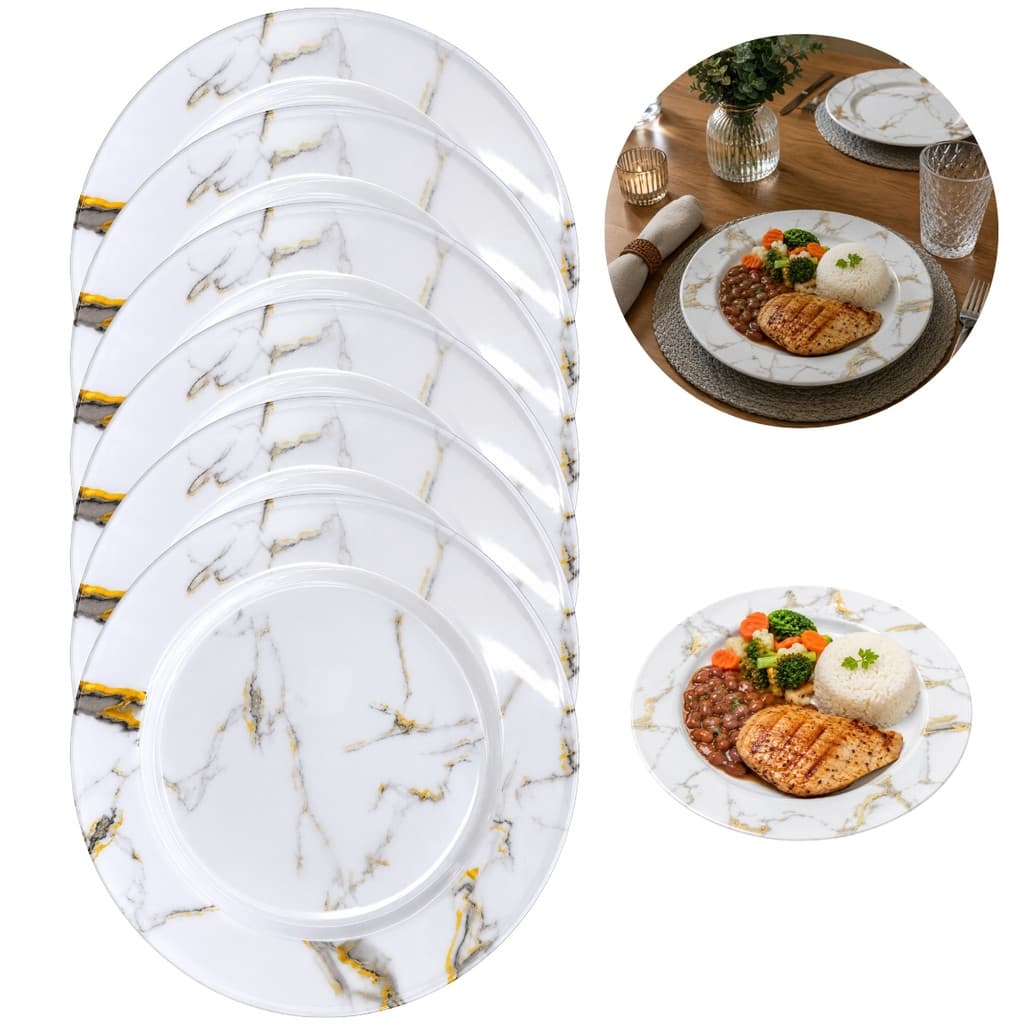 6 Pratos Raso Decoração Marmorizado em Melamina Buffet 25cm