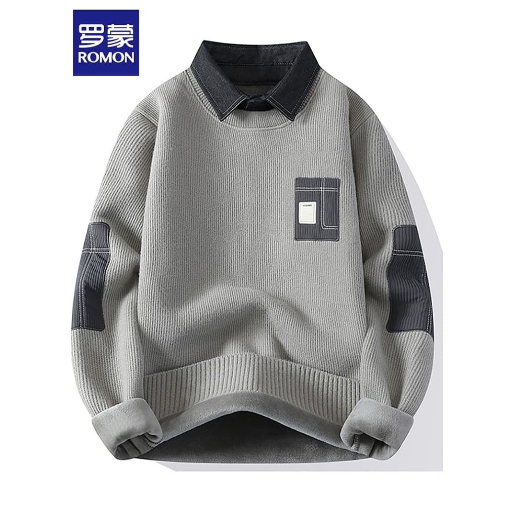 Lomon falso camisa de duas peças gola camisola masculina outono inverno novo estilo forro de lã engrossado solto Casual