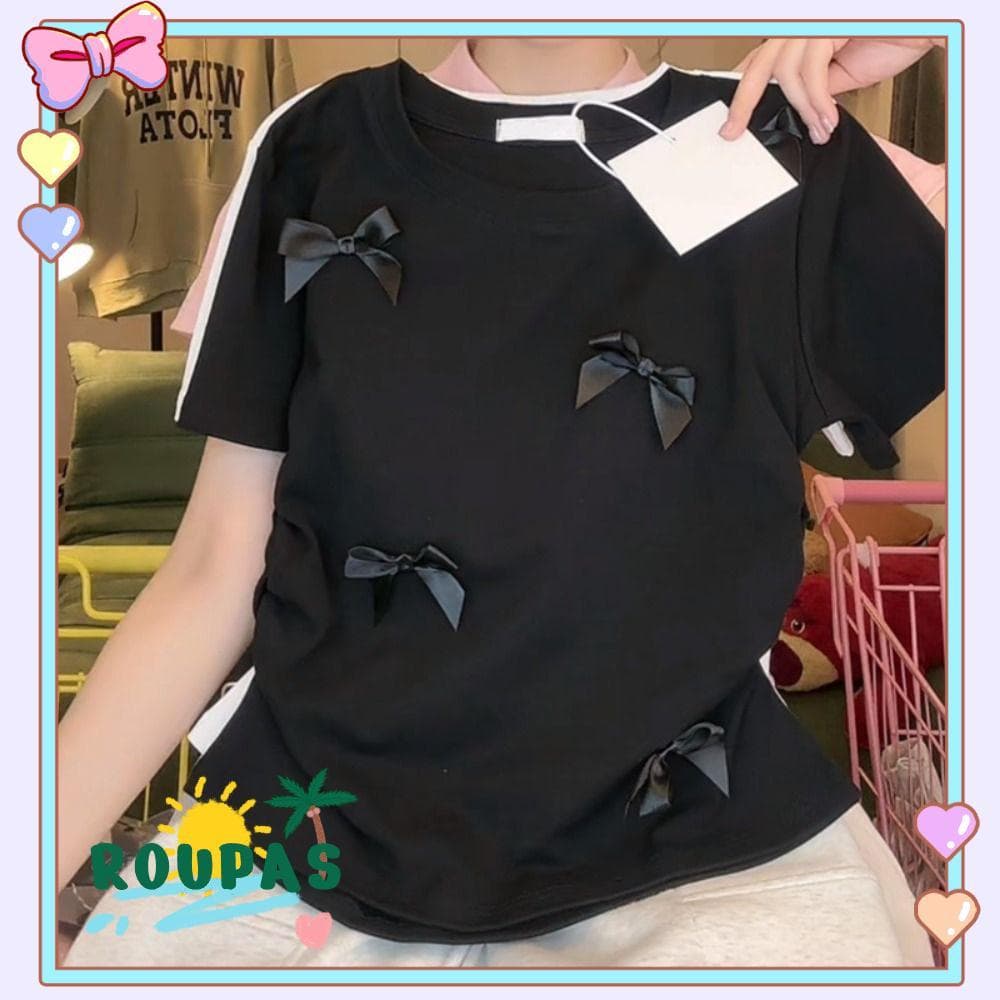 ROUPAS Top Feminino , Camisetas De Balé Estilo Japonês Com Laço , Manga Curta , Gola Redonda , Fita , Regata