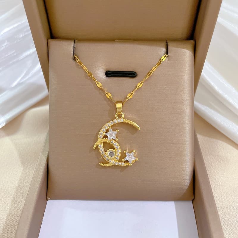 2024 Nova Joia Feminina Elegante, Colar com Pingente de Estrela e Lua em Aço Inoxidável Dourado, Incrustado com Zircônia