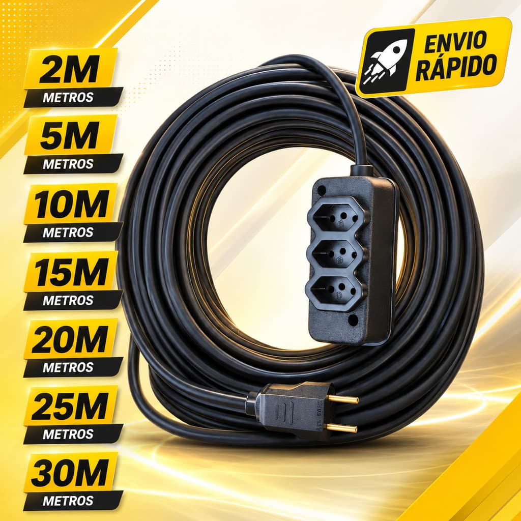 Extensão Elétrica CABO PP 2x2.5mm 20A/10A Resistente - 5/10/15/20/25 (METROS)