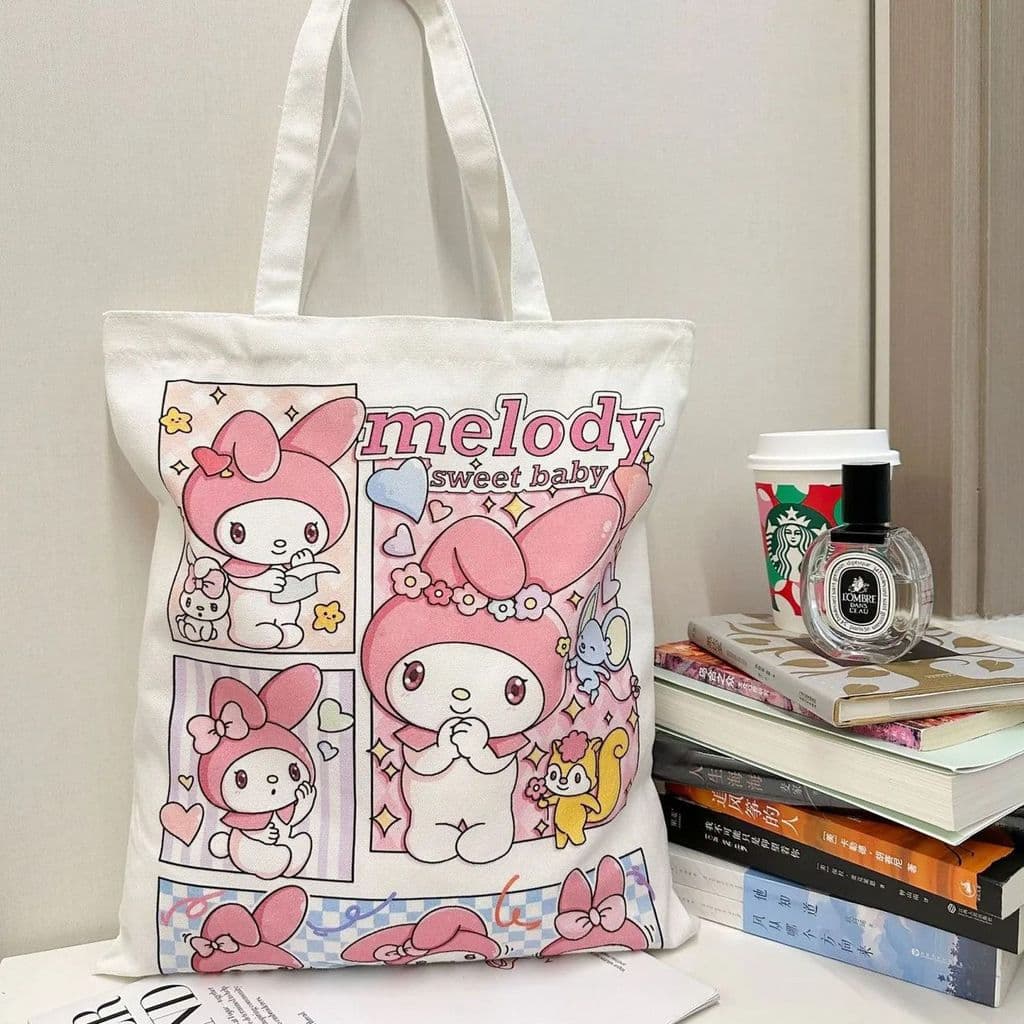 Bolsa de lona Sanrio super fofa, estilo feminino, bolsa de ombro de grande capacidade para a escola, bolsa de almoço sim