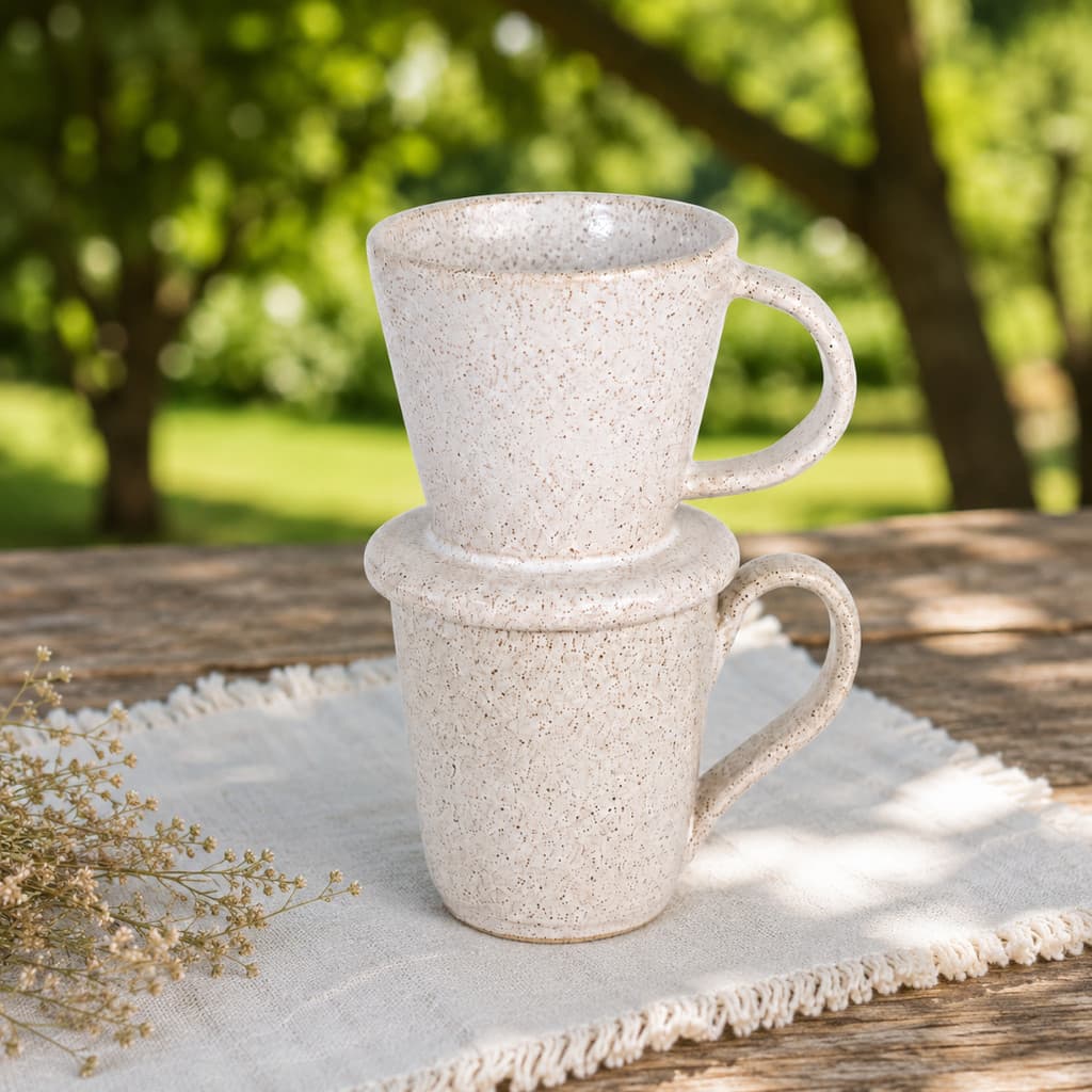 Conjunto Branco Artesanal Xícara 250ml + Coador  Café Cerâmica / Passador Cozinha Decoração Presente