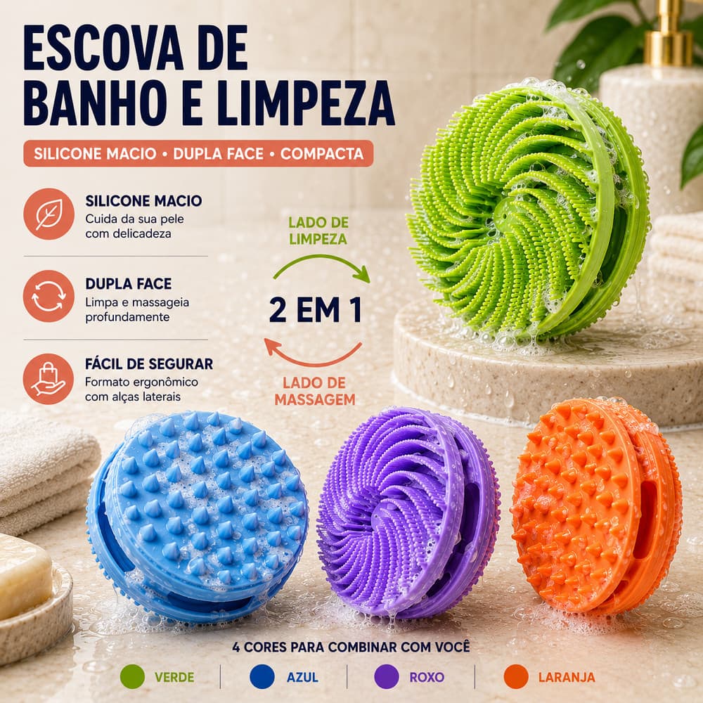 Escova de Banho de Silicone Dupla Face Esfoliante Massageadora Corporal para Limpeza da Pele e Lavagem do Cabelo