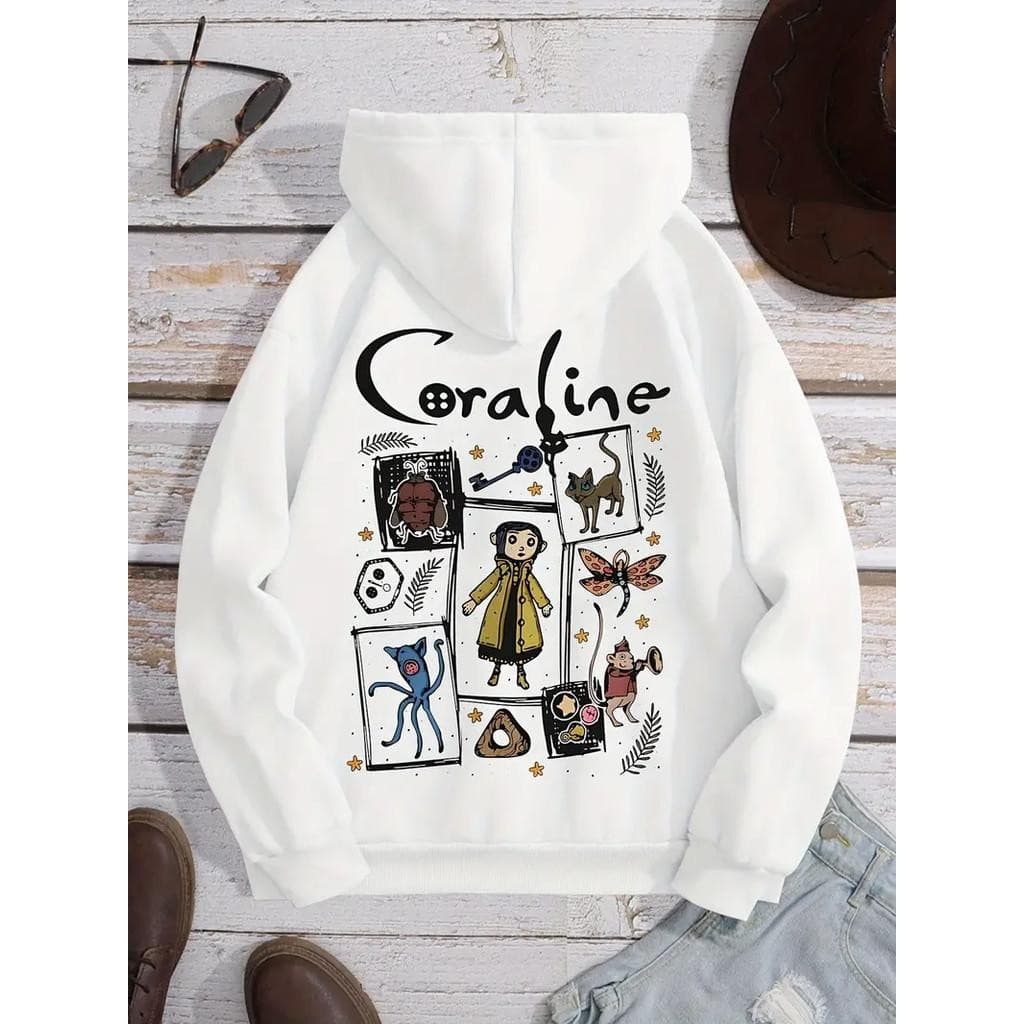 Moletom Gráfico com estampa da Coraline Aconchegante para Mulheres Casual com Cordão e Bolso Canguru