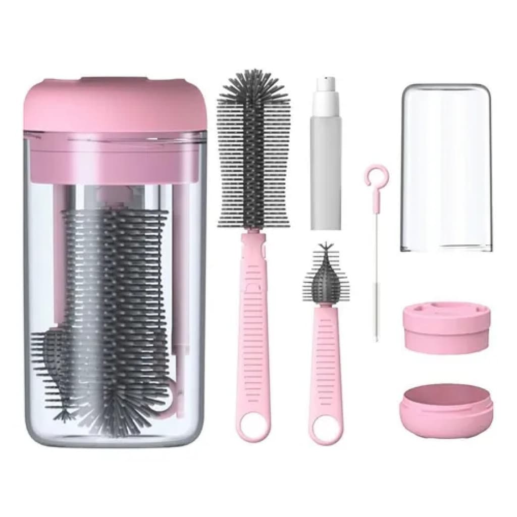 Kit Escova De Limpeza Garrafas Mamadeiras Bicos  - Cor: Rosa