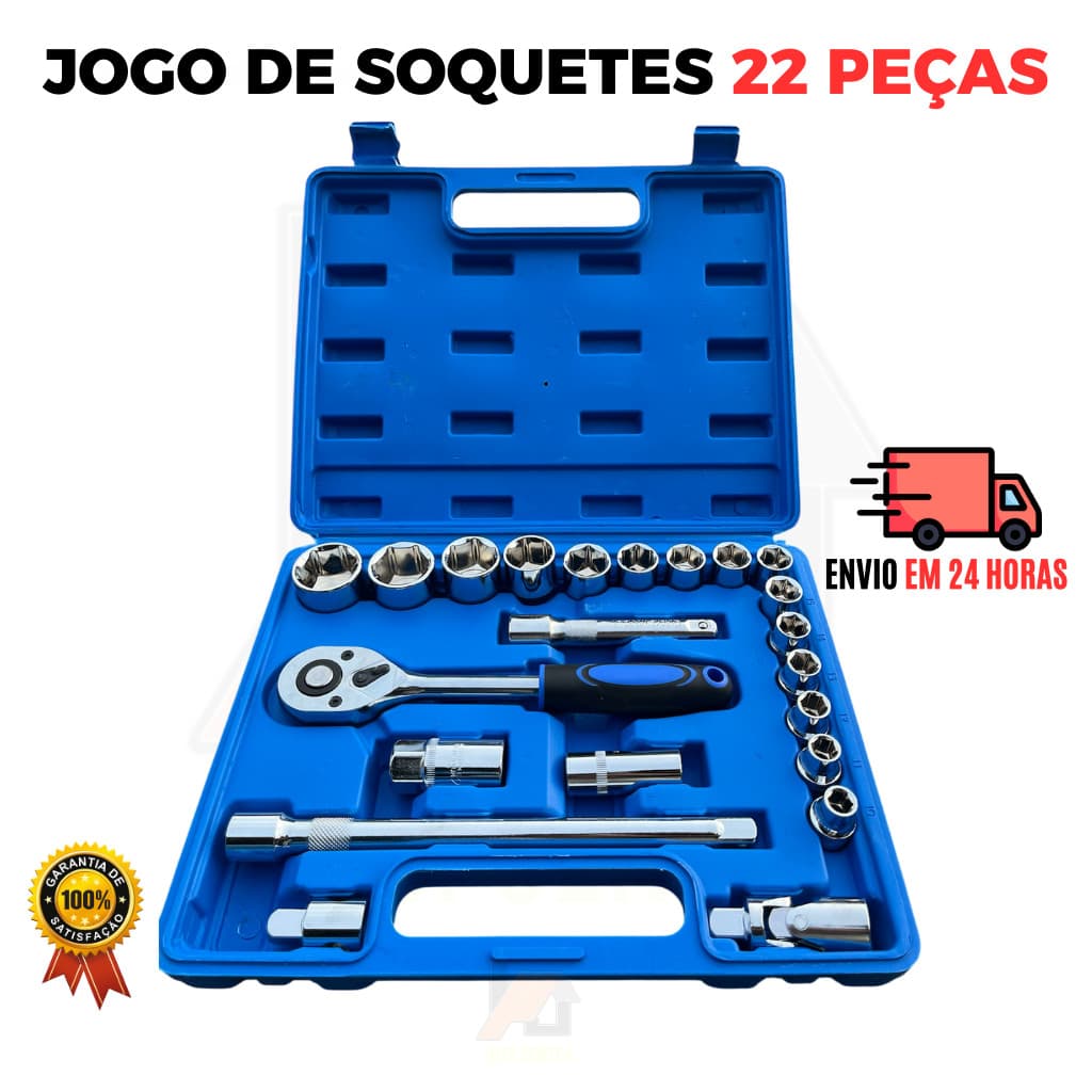 JOGO DE SOQUETE SEXTAVADOS 10 AO 32 MM COM ENCAIXE DE 1/2 POL 22 PEÇAS