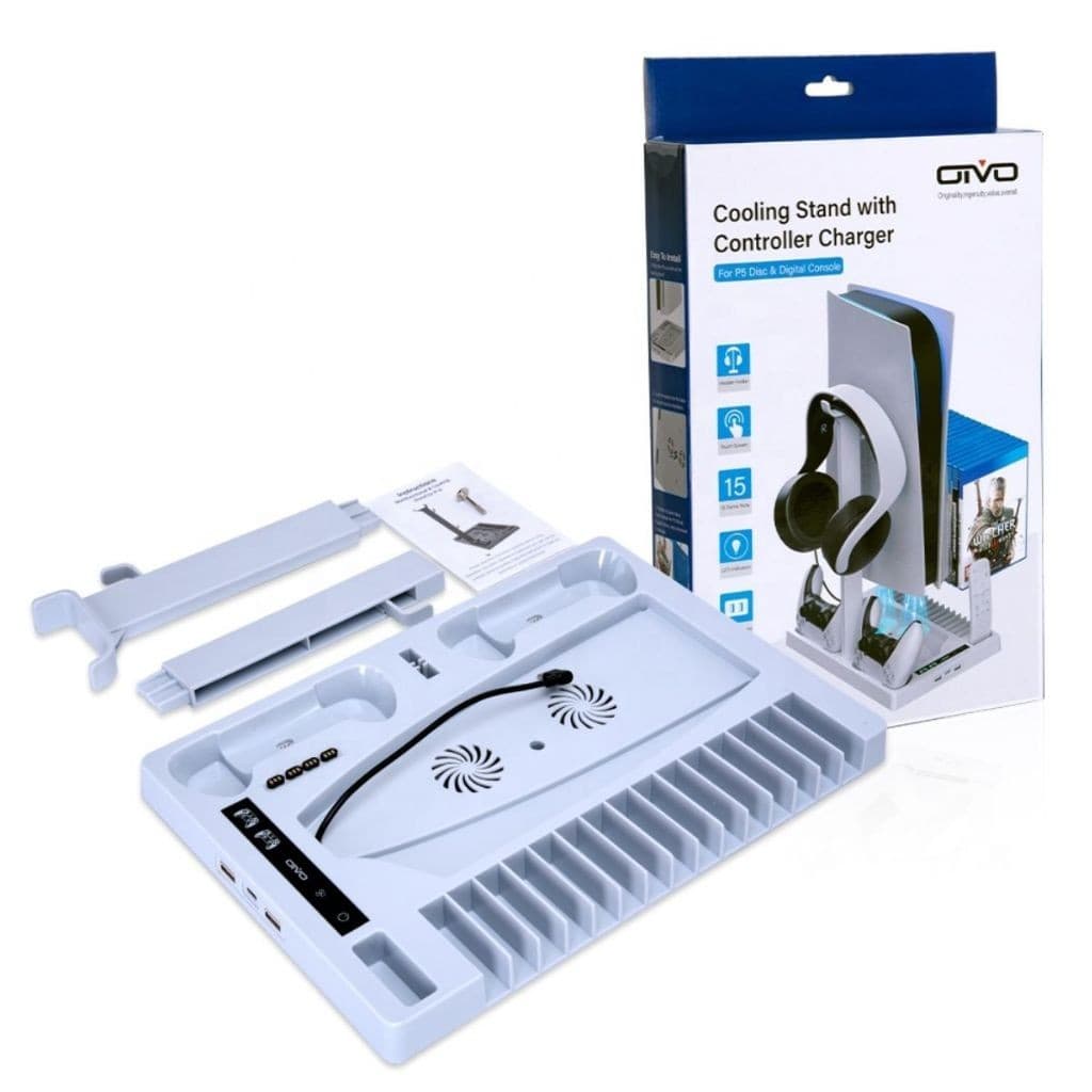 Cooler Suporte para Console PS5 Disco/Digital com Carregador Duplo de Controle - Slot para Games e Suporte para Headset