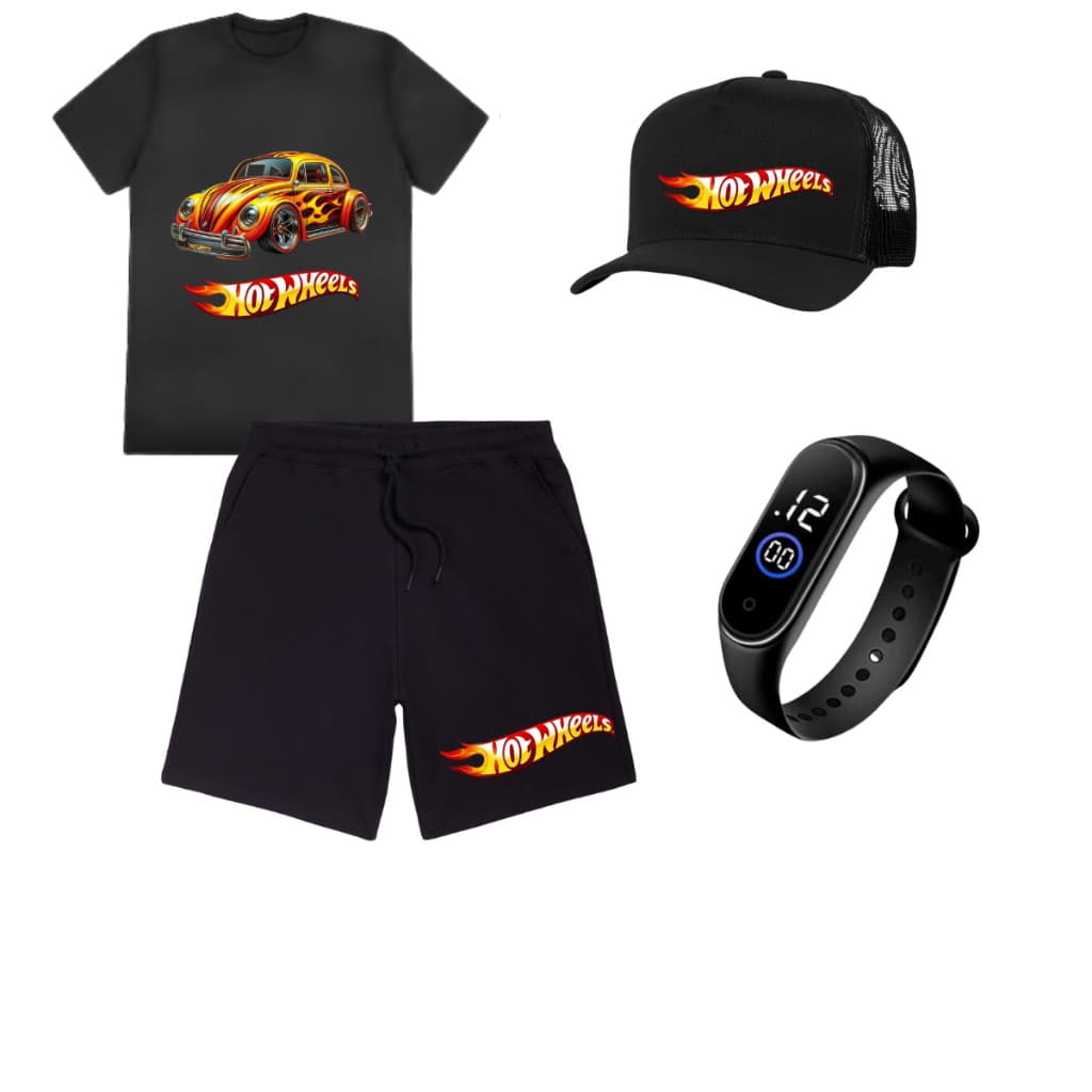 CONJUNTO INFANTIL CARROS MCQUEEN  CAMISA E SHORT + RELOGIO + BONE 4 AO 16