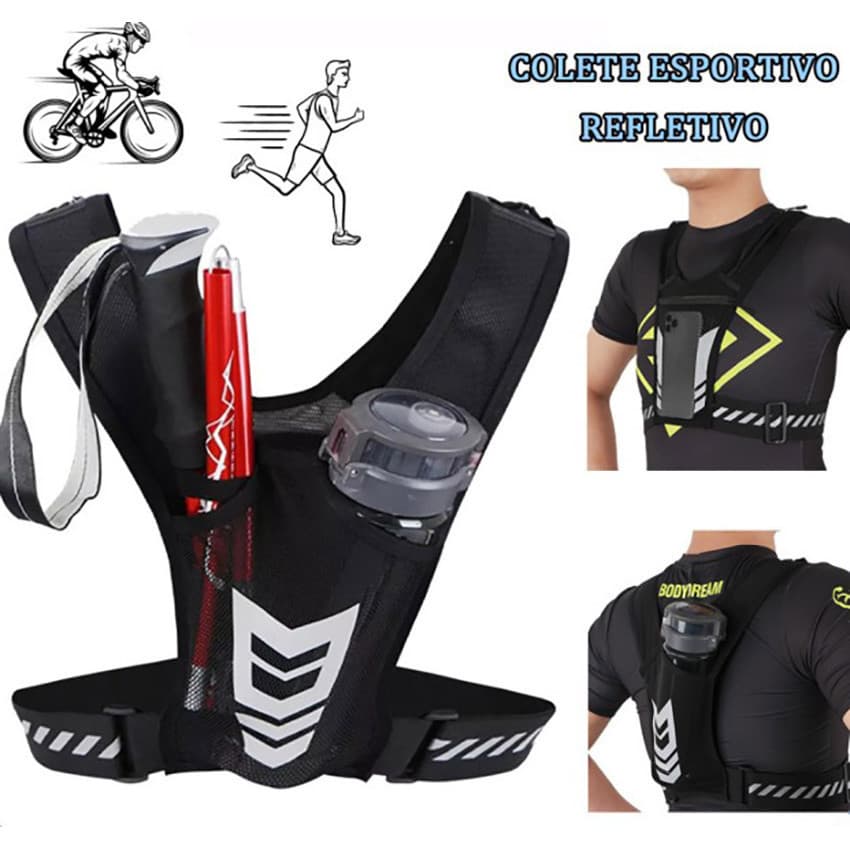 Colete esportivo refletivo e ajustável com bolsos para garrafa de água e telefone para ciclismo e corridas noturnas